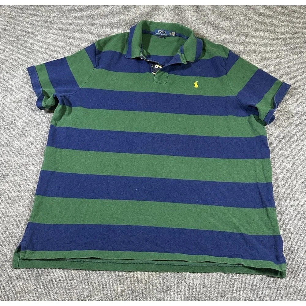 Polo Ralph Lauren Men's XXL Green Blue Striped Rugby Shirt Classic Fit